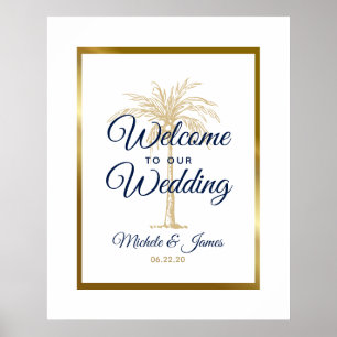 Elegant White Navy Gold Palm Tree Wedding Welcome Poster