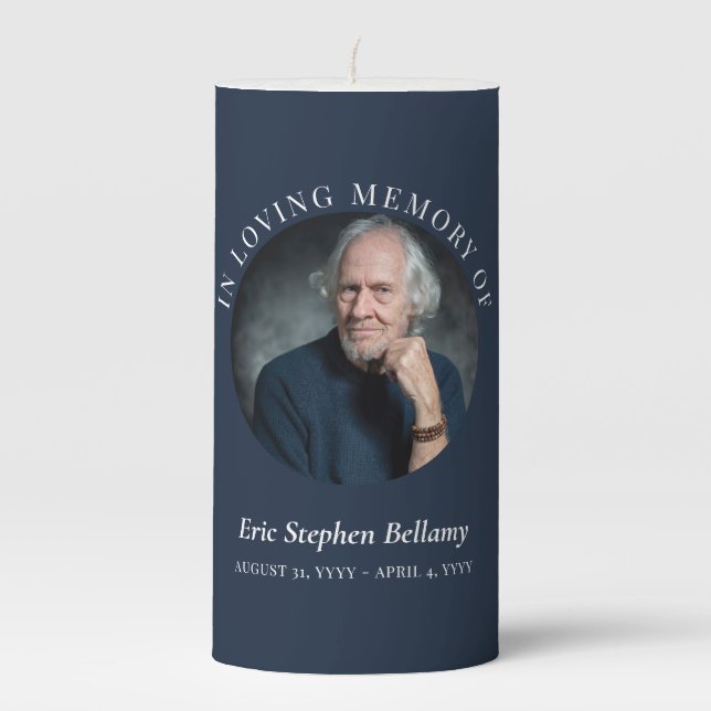Elegant White Navy In Loving Memory Photo Pillar Candle (Front)
