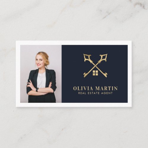 Elegant White  Navy Professional Real Estate  Business Card