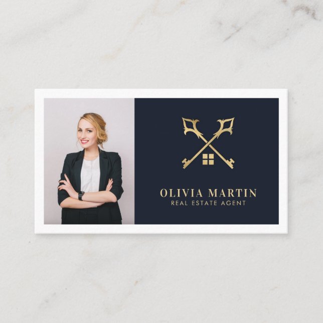 Elegant White & Navy Professional Real Estate  Business Card (Front)