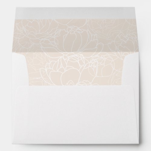 Elegant White & Neutral Blush Return Address 5x7 Envelope - Designed to coordinate with our Romantic Script wedding collection, this customizable Invitation envelope with pre-printed return address, features a white envelope with black text and botanical line art pattern set on a neutral blush background on the inside. To make advanced changes, please select "Click to customize further" option under Personalize this template.