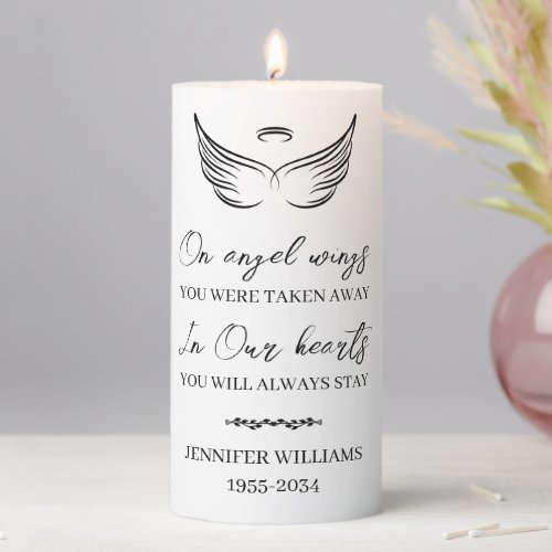 Elegant White On Angel Wings Custom Memorial Pillar Candle