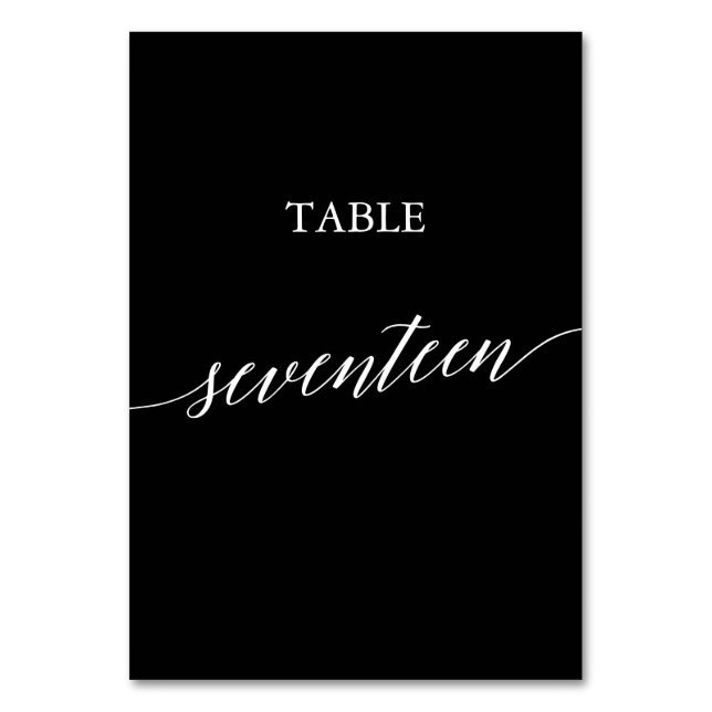 Elegant White on Black Calligraphy Table Seventeen Table Number (Front)