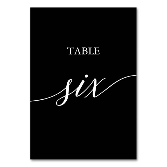 Elegant White on Black Calligraphy Table Six Table Number (Front)