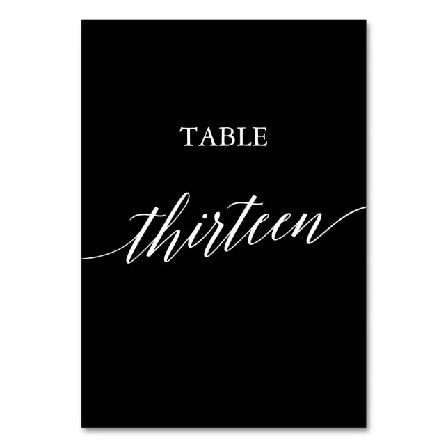 Elegant White on Black Calligraphy Table Thirteen Table Number (Front)