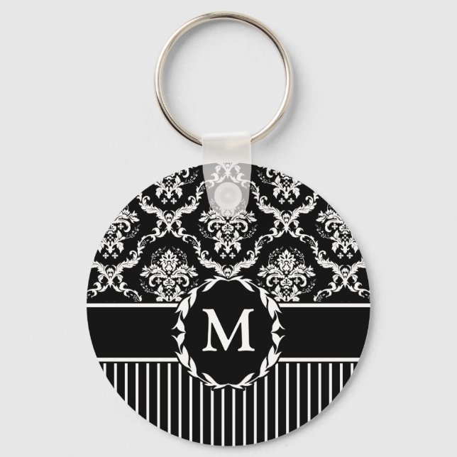 Elegant White on Black Damask Keychain (Front)