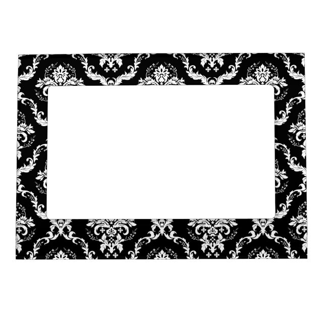Elegant White on Black Damask Magnetic Picture Frame (Front)