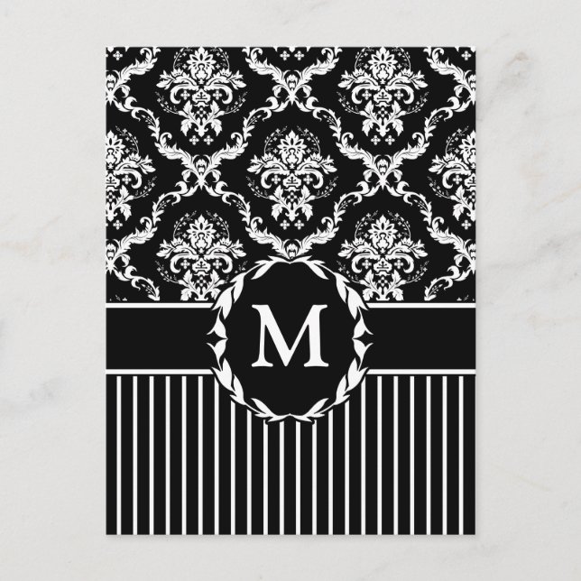 Elegant White on Black Damask Postcard (Front)