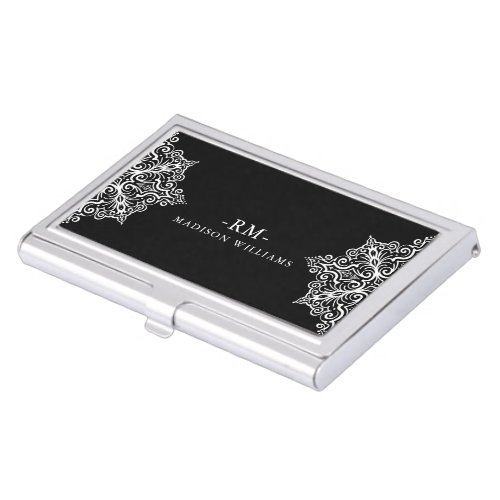 Elegant White On Black Vintage Lace Frame Business Card Case