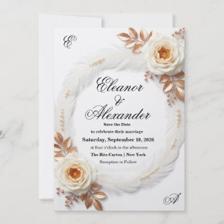 Elegant White & Orange Floral Save the Date Card