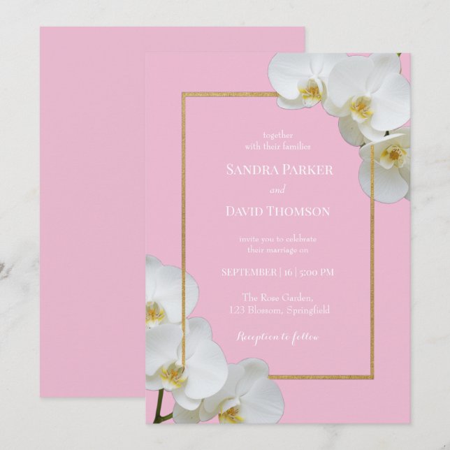 elegant white orchid blooms wedding invitation (Front/Back)