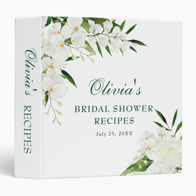 Elegant White Orchid Bohemian Bridal Shower Recipe 3 Ring Binder (Front/Spine)
