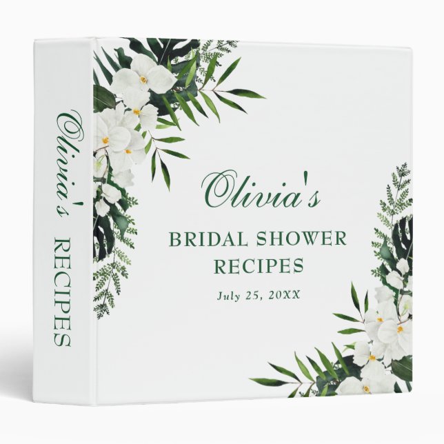 Elegant White Orchid Bohemian Bridal Shower Recipe 3 Ring Binder (Front/Spine)