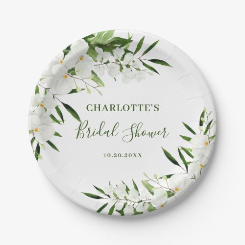 Elegant White Orchid Bohemian Floral Bridal Shower Paper Plates