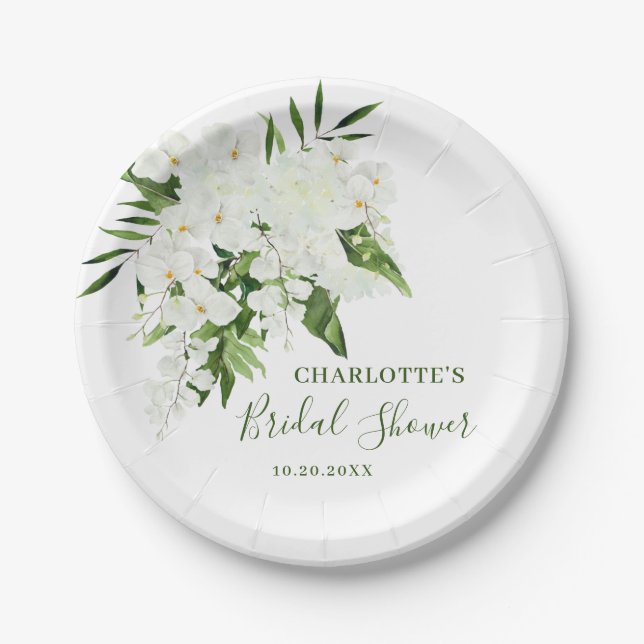 Elegant White Orchid Bohemian Floral Bridal Shower Paper Plates (Front)