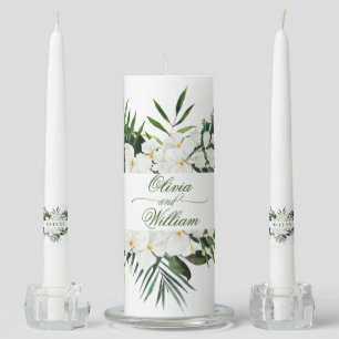 Elegant White Orchid Bohemian Floral Unity Candle Set