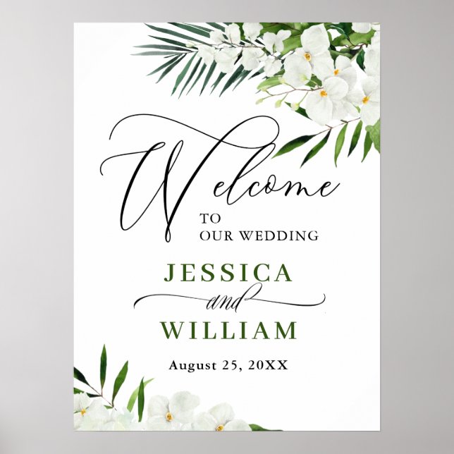 Elegant White Orchid Bohemian Wedding Welcome Sign (Front)