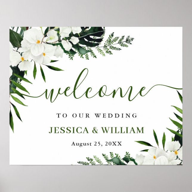 Elegant White Orchid Bohemian Wedding Welcome Sign (Front)