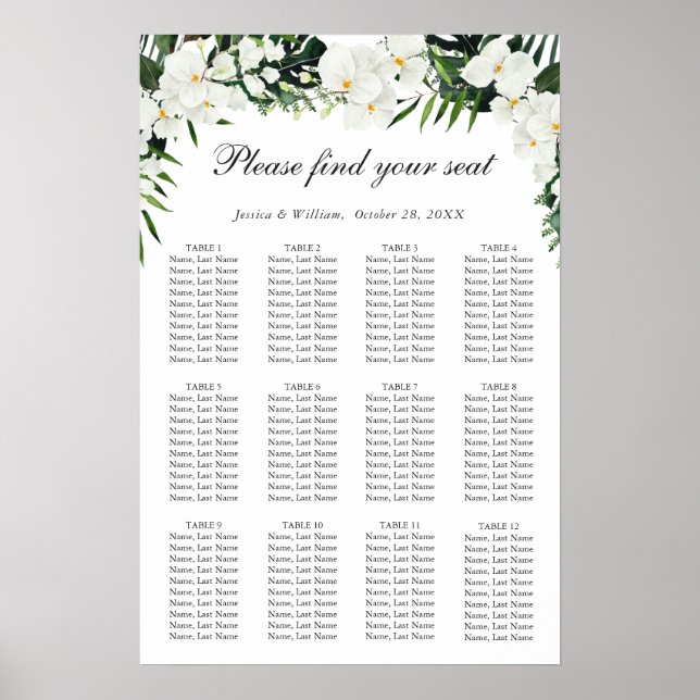 Elegant White Orchid Boho 12 Tables SEATING CHART (Front)