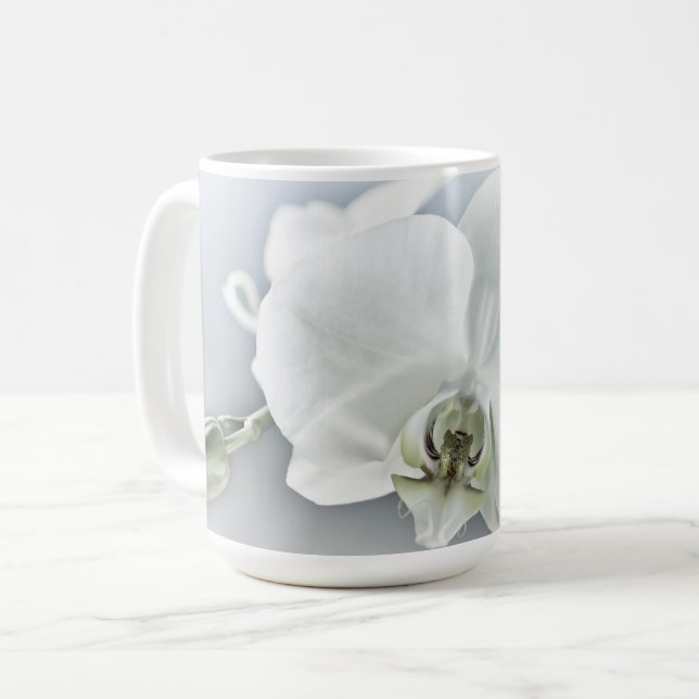 Elegant White Orchid Botanical Art Coffee Mug (Front Left)