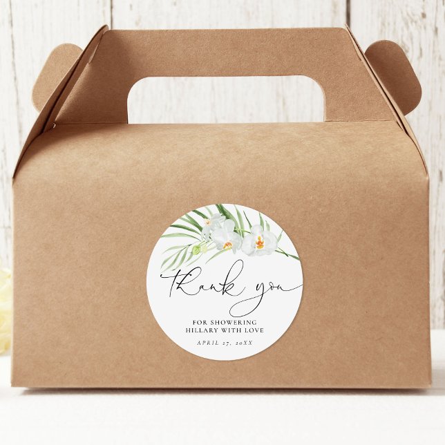 Elegant White Orchid Bridal Shower Classic Round Sticker (Creator Uploaded)