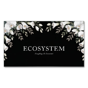 Elegant White Orchid Calla Lily Black Silver Frame Business Card Magnet