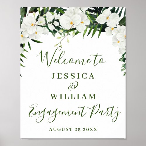Elegant White Orchid Engagement Party Welcome Poster