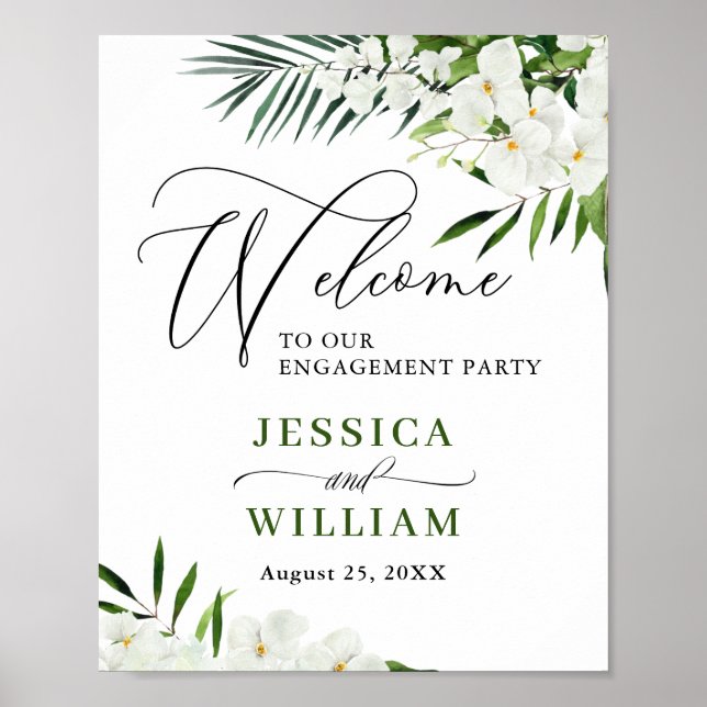 Elegant White Orchid ENGAGEMENT PARTY Welcome Sign (Front)