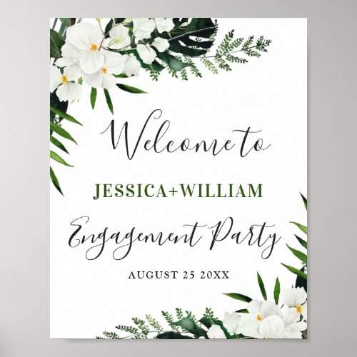 Elegant White Orchid Engagement Party Welcome Sign