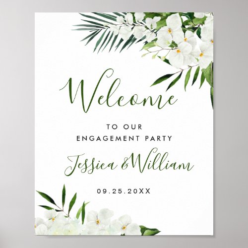 Elegant White Orchid Engagement Party Welcome Sign