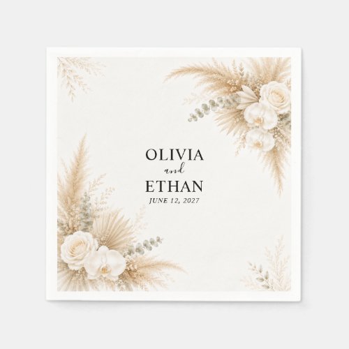 Elegant White Orchid Pampas Wedding Cocktail Paper Napkins
