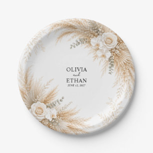 Elegant White Orchid Pampas Wedding Cocktail Paper Plates