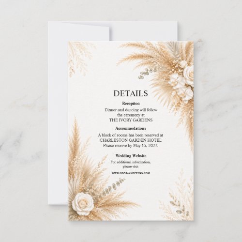 Elegant White Orchid Pampas Wedding Details Card