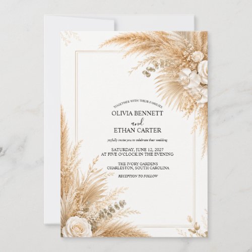 Elegant White Orchid Pampas Wedding Invitation