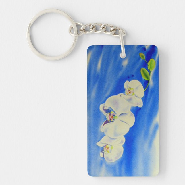 Elegant white orchid watercolor painting keychain (Front)
