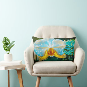 Elegant White Orchid with Water Droplets Botanical Lumbar Pillow