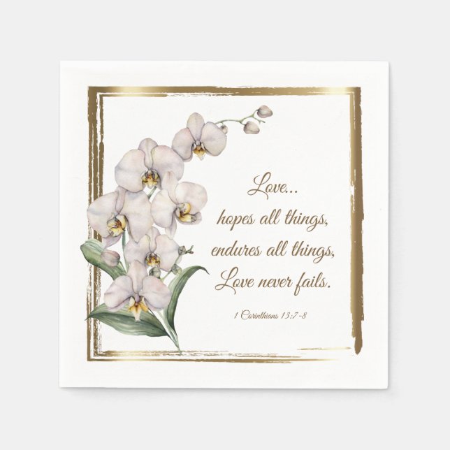 Elegant White Orchids Bible Verse Wedding Napkins (Front)