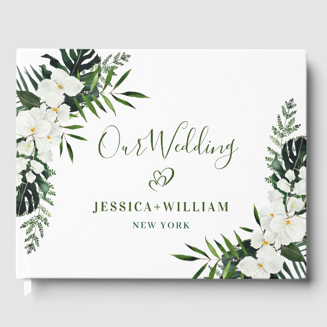 Elegant White Orchids Bohemian Bridal Shower Photo Guest Book (Front)