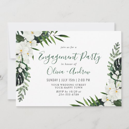 Elegant White Orchids Bohemian Engagement Party Invitation