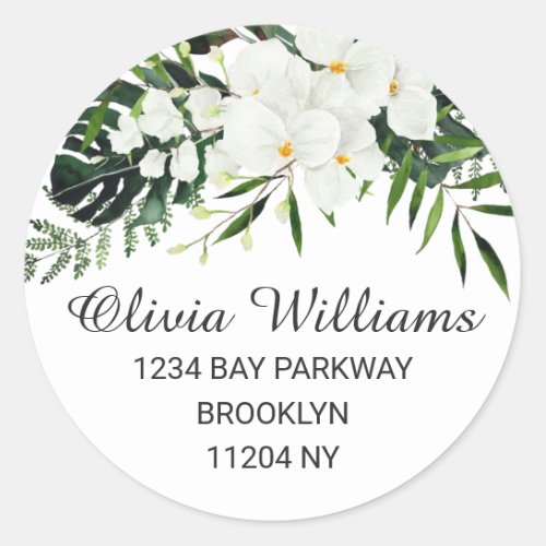 Elegant White Orchids Bohemian Floral Address Classic Round Sticker
