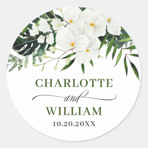 Elegant White Orchids Bohemian Floral Wedding Classic Round Sticker