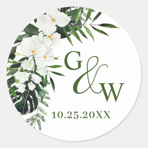 Elegant White Orchids Bohemian Floral Wedding Classic Round Sticker