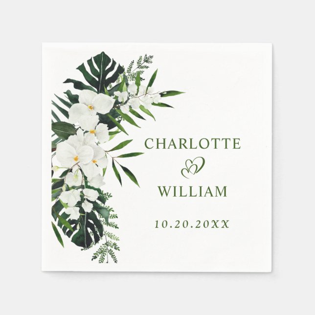 Elegant White Orchids Bohemian Floral Wedding Napkins (Front)