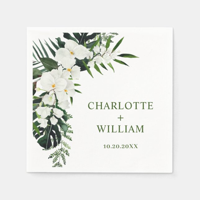 Elegant White Orchids Bohemian Floral Wedding Napkins (Front)
