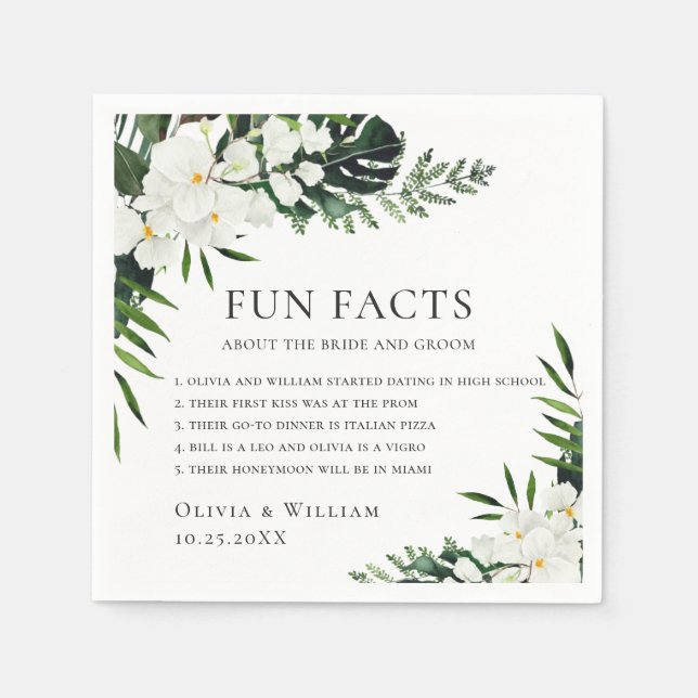 Elegant White Orchids Bohemian Fun Facts Wedding Napkins (Front)