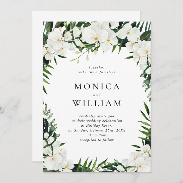 Elegant White Orchids Bohemian Greenery Wedding Invitation (Front/Back)