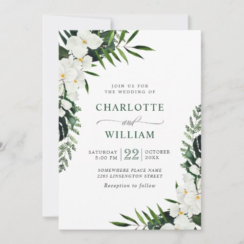 Elegant White Orchids Bohemian Greenery Wedding Invitation