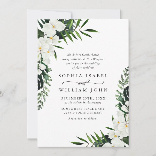 Elegant White Orchids Bohemian Greenery Wedding Invitation (Front)