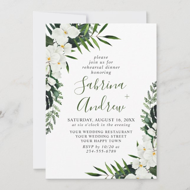 Elegant White Orchids Bohemian REHEARSAL DINNER Invitation (Front)