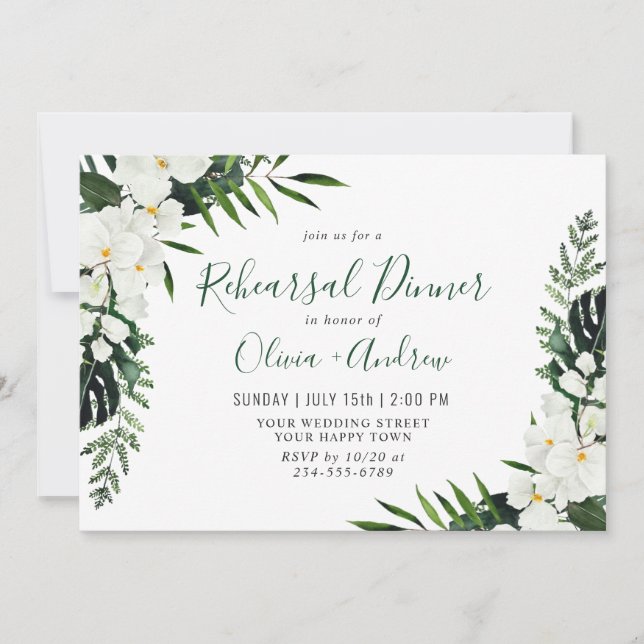 Elegant White Orchids Bohemian REHEARSAL DINNER Invitation (Front)